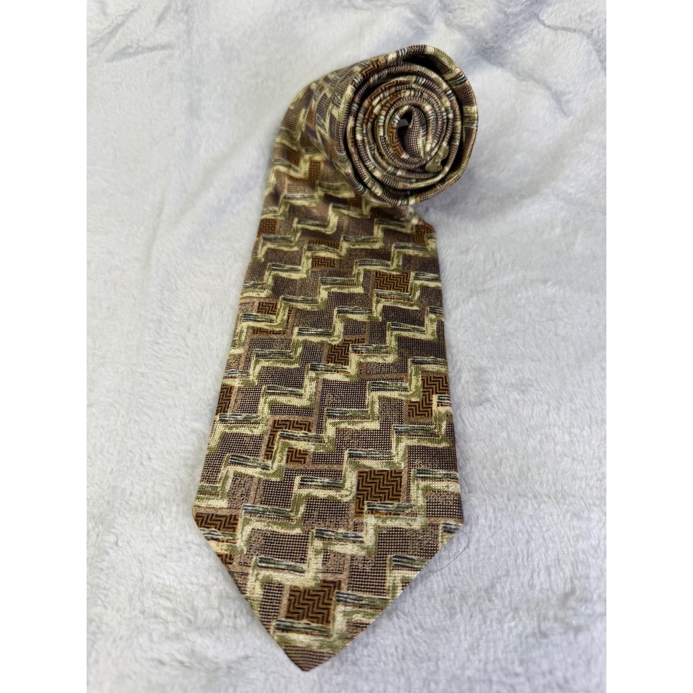 Ermenegildo Zegna Silk Tie Mens OS Brown Geometric Zig Zag Disegno Esclusivo